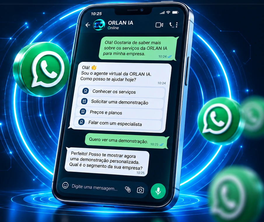 Celular 3D com conversa ilustrativa do agente ORLAN IA pelo WhatsApp